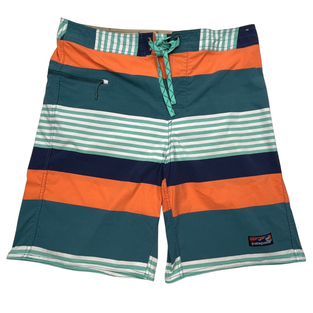 Patagonia‎ Mens Stretch Wavefarer boardshorts Striped Swim Trunks 36 Teal Orange